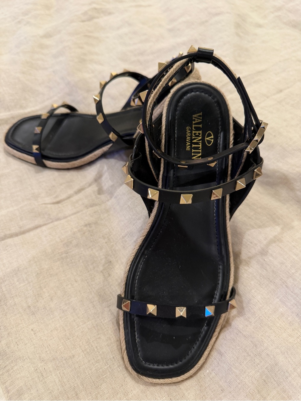 Valentino Garavani Black Leather Pyramid-Stud Espadrille Sandals